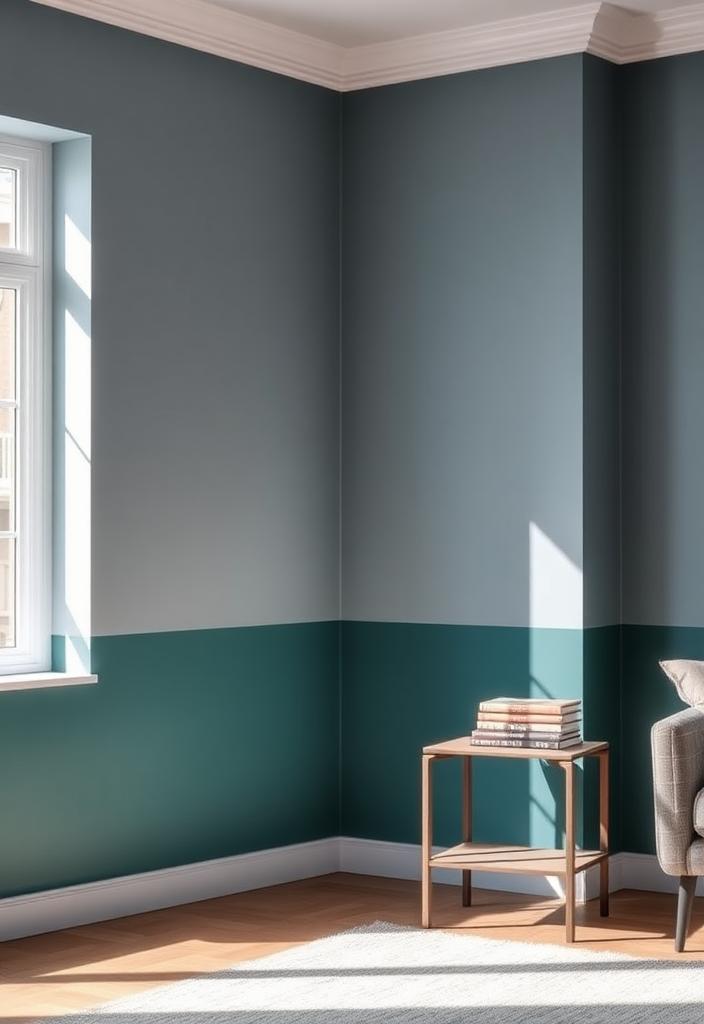 Blue Two-Tone Walls: Ideas and Inspiration Blue two-tone walls: Ideas & inspiration for your home. Modern wall paint design with light and dark blue color blocking.