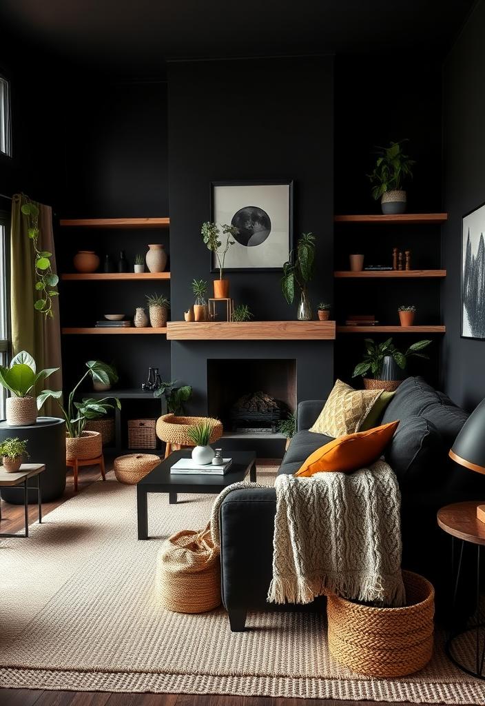 Cozy Black Living Room Decor Ideas Cozy black living room decor ideas: Stylish and inviting interior design with dark walls, warm lighting, and comfortable furniture.