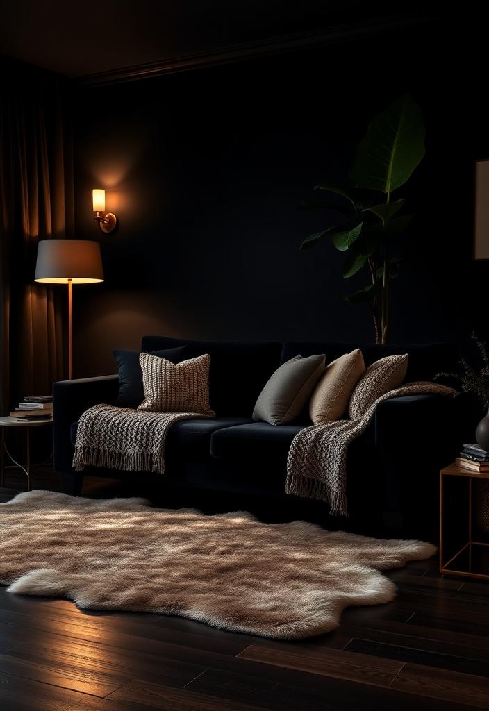 Cozy Black Living Room Design Ideas Cozy black living room design ideas. Dark wall paint, ambient lighting, comfortable seating for a modern, inviting space.