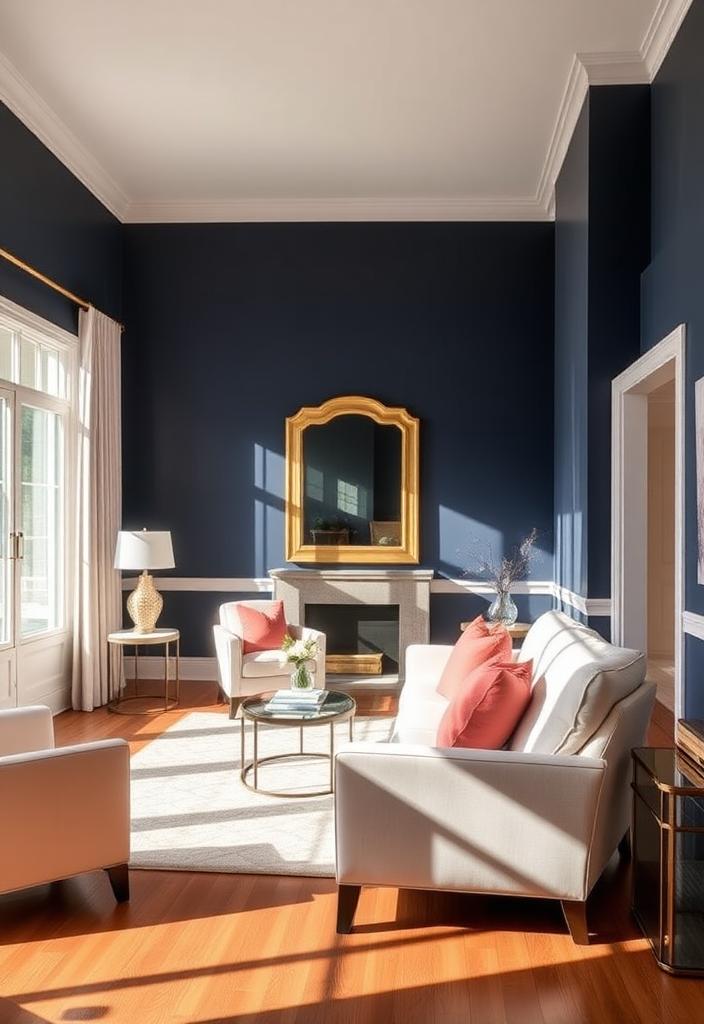 Designing with Navy Blue: Living Room Ideas Navy blue living room design ideas. Elegant home interior with navy walls, sofa, and decor. Inspiring navy living room inspiration.