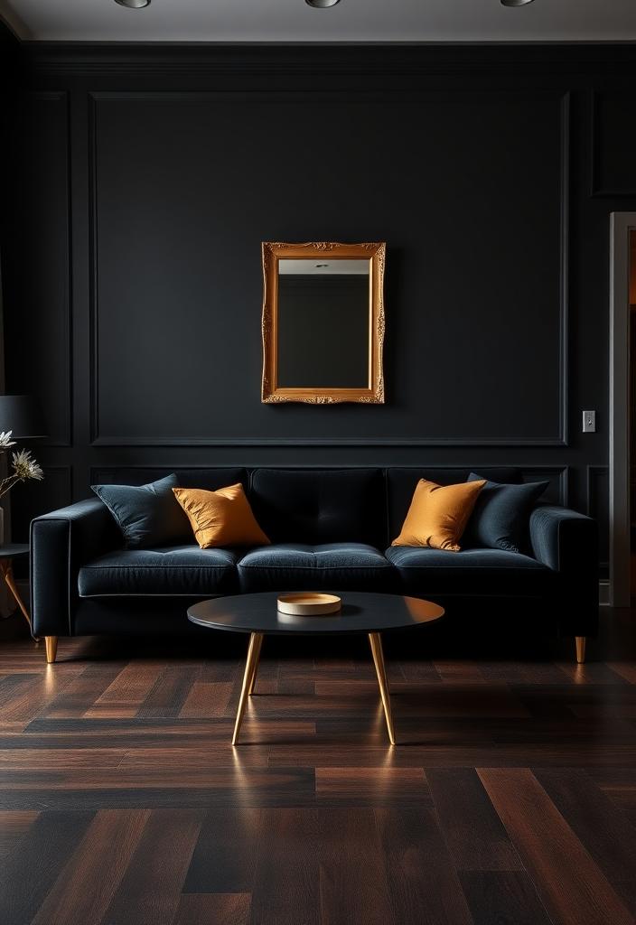 Gold Accents in Black Living Rooms: Design Ideas Black living room with gold accents. Design ideas for incorporating luxury and elegance with metallic touches.