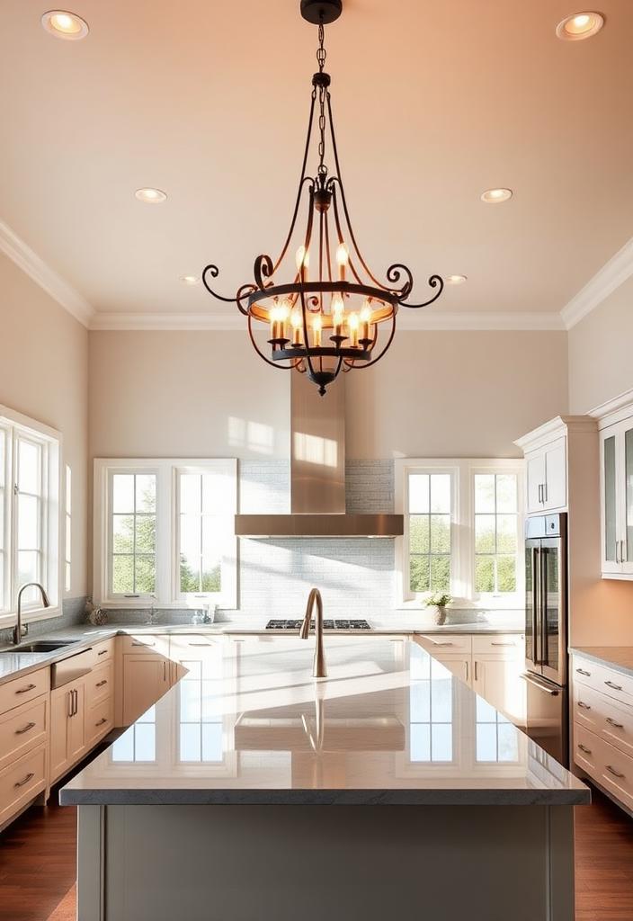 Kitchen Lighting Ideas: Statement Chandeliers for Style Kitchen chandelier lighting idea. Statement chandelier adds style and bright illumination to a modern kitchen.