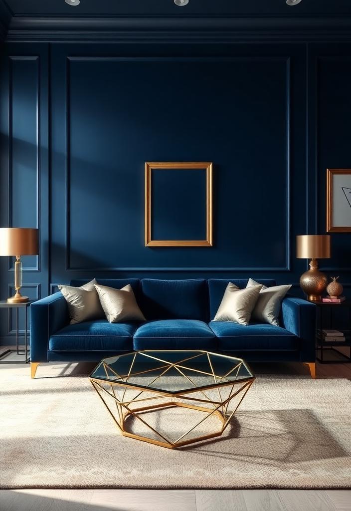 Luxury Living: Designing Blue and Gold Living Rooms Luxury Blue and Gold Living Room Design. Elegant interior with blue walls, gold accents, & stylish furniture. Inspiring home decor ideas.