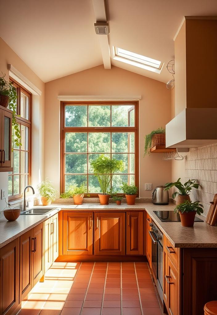 Natural Kitchen Design: Bringing the Outdoors In Natural kitchen design: Bright, airy kitchen with wood cabinets, stone countertops, & large windows. Bringing the outdoors in.