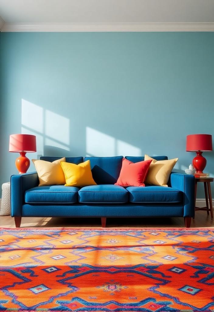 Stylish Blue Room Decor: Adding Pops of Color Stylish blue room decor. Blue walls and furniture with colorful accent pillows and artwork. Adding pops of color to a blue interior design.