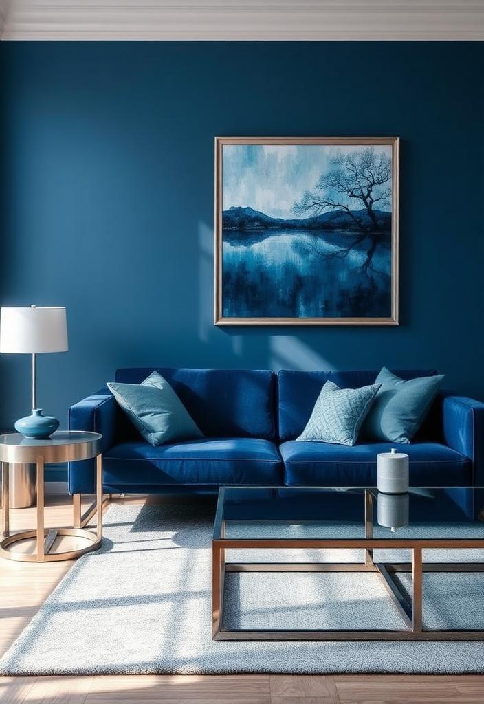 Stylish Blue Room Decor: Ideas with Metal Accents Stylish blue room decor with metal accents. Modern interior design showcasing blue walls, furniture, and metallic details.