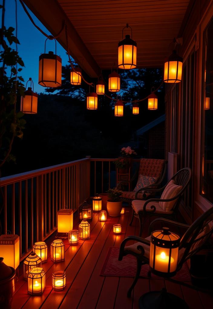 Balcony Decor: Creating a Cozy Evening with Lanterns Balcony decor with lanterns for a cozy evening. Outdoor lanterns create warm ambiance on a decorated balcony.
