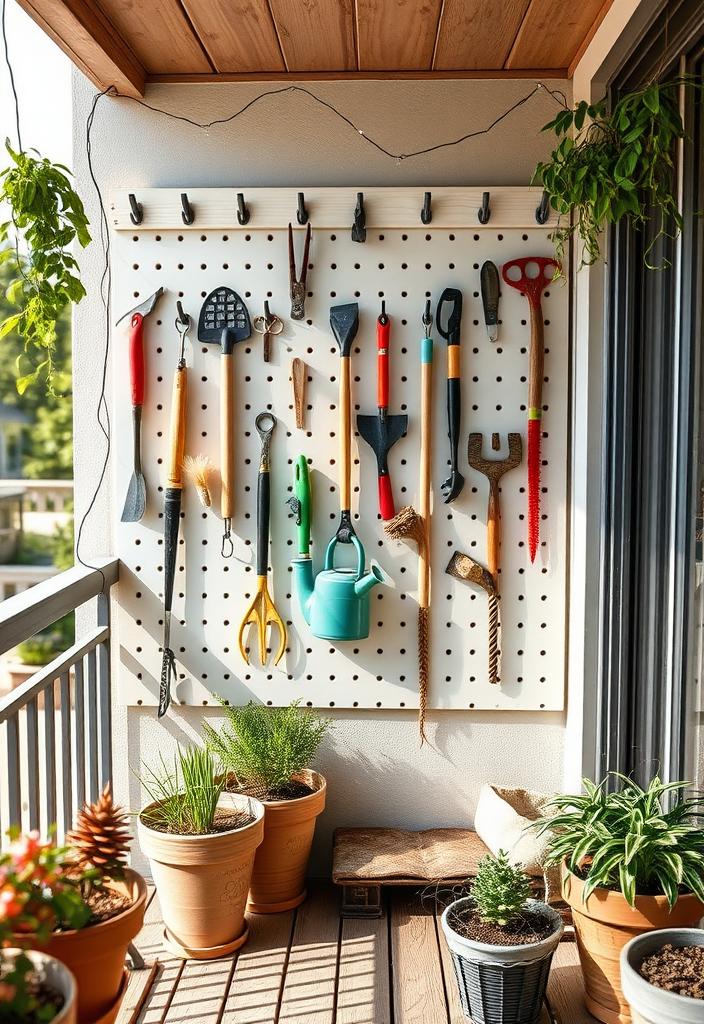 Balcony Tool Storage: Install a Pegboard Organizer Balcony tool storage idea: Pegboard organizer installed for hanging tools. Maximize small space & keep tools accessible.