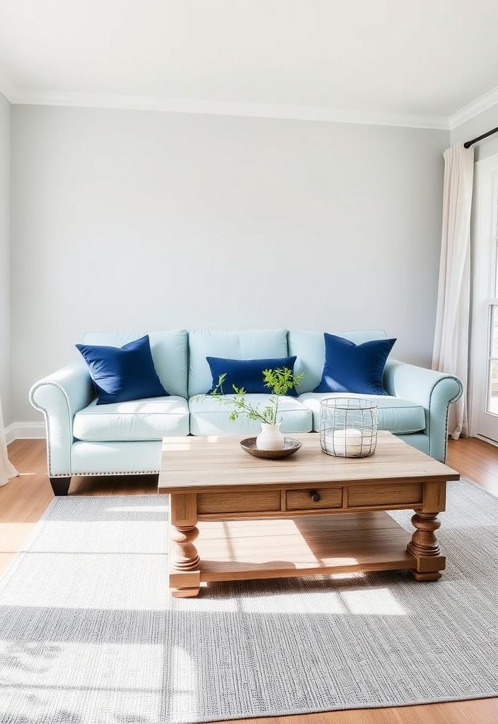 Blue and Gray Farmhouse Living Room Ideas Blue and gray farmhouse living room ideas. Cozy, rustic decor with modern accents. Inspiration for your farmhouse living space.