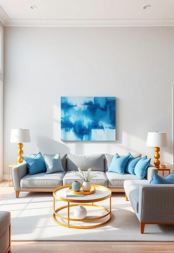 Blue and Gray Living Room Ideas: Classic Design Blue and gray living room design. Classic interior with blue sofa, gray walls, and stylish decor. Elegant living space inspiration.