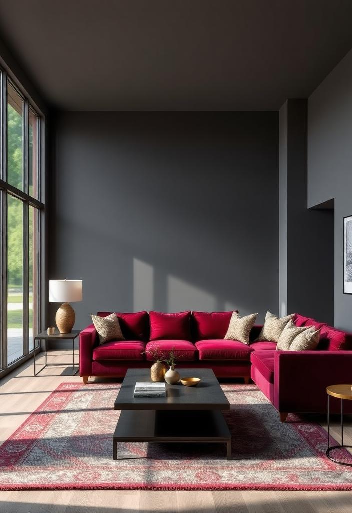 Burgundy and Charcoal Living Room Ideas: Color Harmony Burgundy and charcoal living room: Color harmony inspiration. Stylish design ideas blending rich red and dark gray for a modern, elegant space.