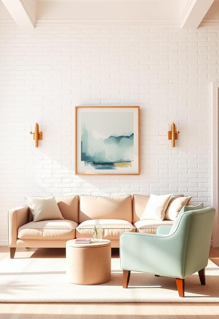 Chic Pastel Living Room Ideas with White Brick Accent Wall Chic pastel living room design. White brick accent wall, modern decor, soft colors. Stylish living space inspiration.