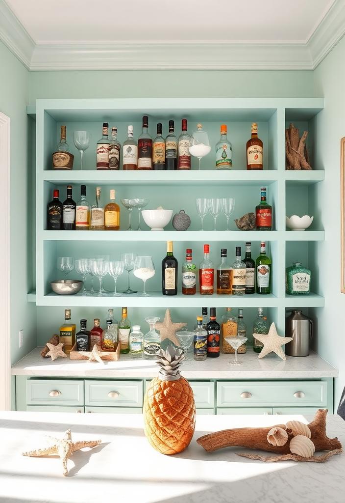 Coastal Home Bar Ideas: Bring the Beach Vibes In! Coastal Home Bar Ideas: Beach-themed bar design with nautical decor, blue hues, and natural textures. Perfect for summer entertaining!