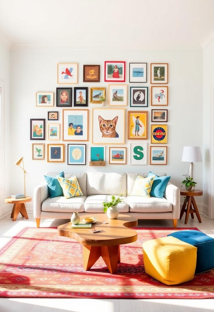 Colorful Living Room Ideas: Gallery Wall Inspiration Colorful living room gallery wall inspiration. Eclectic art prints, vibrant decor, and creative wall arrangement ideas. #livingroomdecor #gallerywall