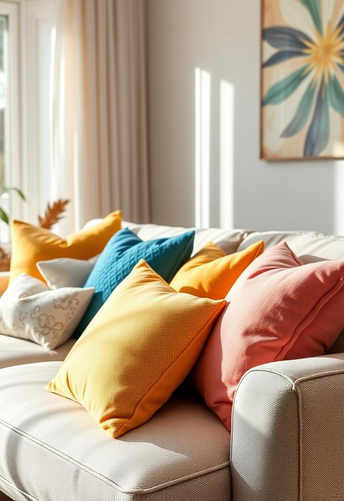 Colorful Pillows: Jazz Up Your Living Room Decor Colorful pillows on couch. Living room decor idea. Jazz up your space with vibrant cushions! Home decorating with pops of color.
