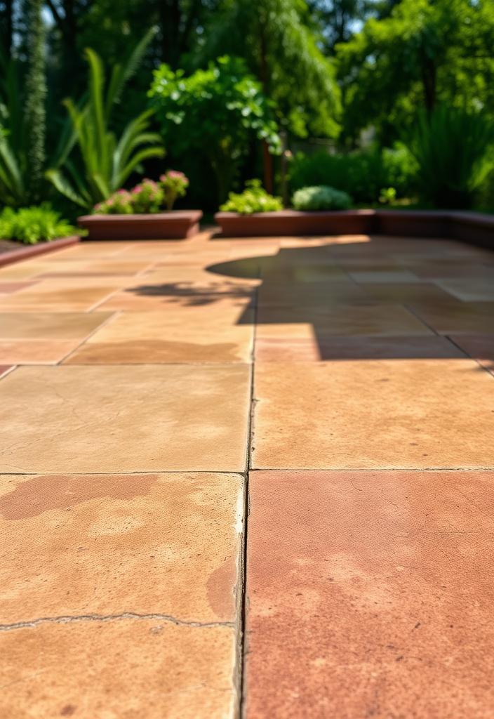 Concrete Patio Acid Staining: Rustic Finish Ideas Rustic acid stained concrete patio. Concrete patio design ideas with unique, mottled texture and color variations.