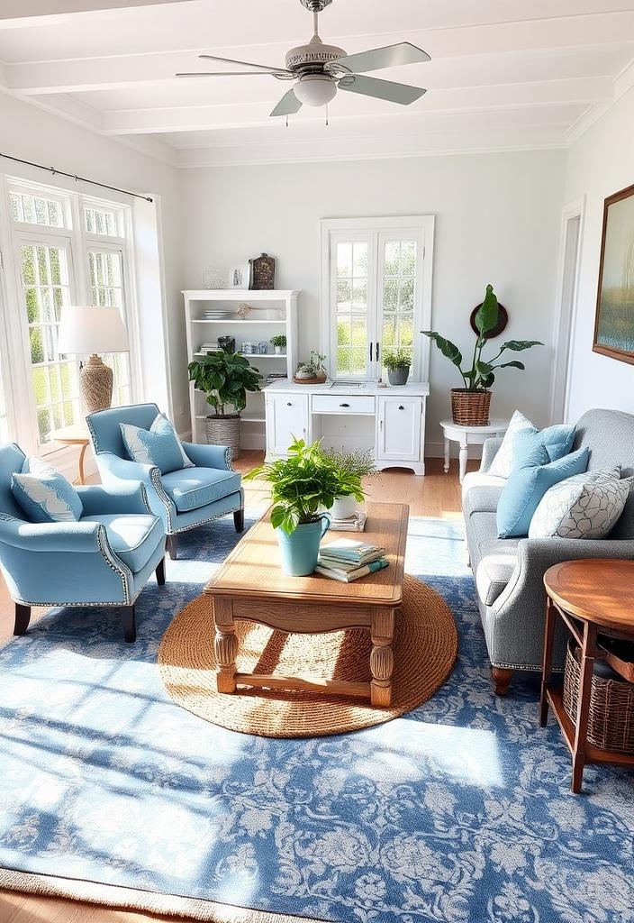 Cozy French Country Living Room Ideas: Blue & Gray Decor Cozy French Country Living Room: Blue and Gray decor ideas. Rustic chic interior design inspiration.