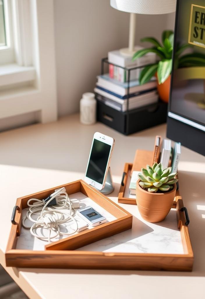 Cute Dorm Room Decor: Styling with Decorative Trays Cute dorm room decor idea: Decorative trays styled with candles, books, and plants for a trendy and organized college space.