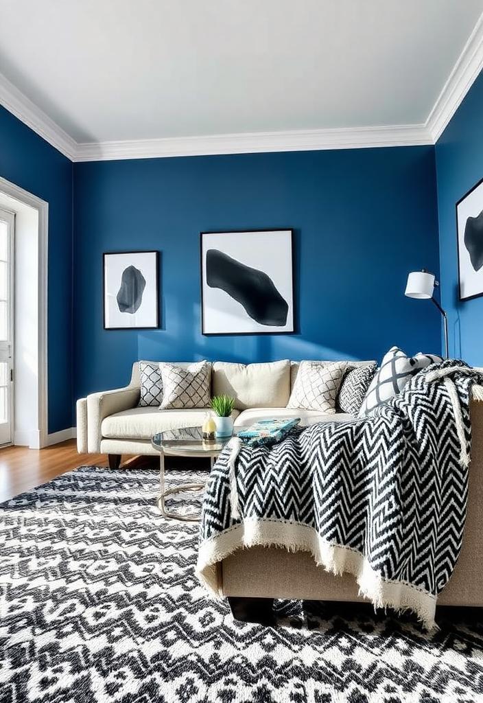 Decorating with Blue: Black and White Accents Blue decor with black and white accents. Stylish interior design featuring blue walls, furniture, and monochrome details.