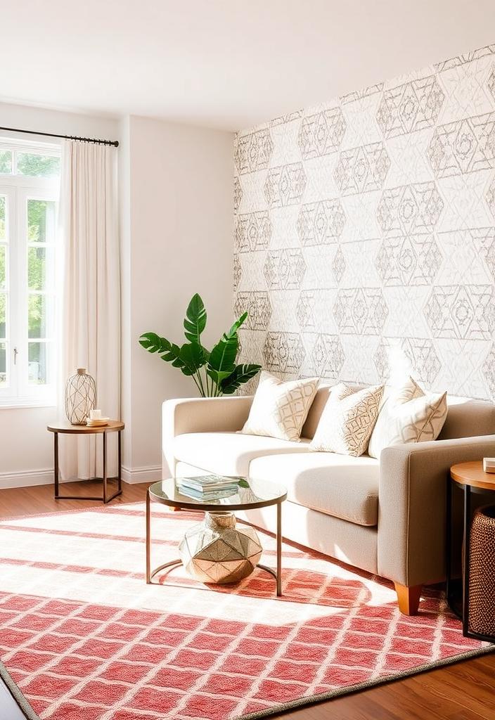 Decorating with Geometric Patterns: Style Guide Geometric patterns style guide: Room decor featuring geometric wallpaper, cushions, and art. Modern interior design ideas.