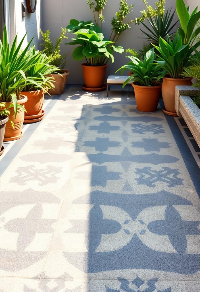DIY Outdoor Rug: Stenciling Concrete for a Custom Look DIY stenciled concrete rug. Outdoor rug alternative. Custom painted patio flooring project. Budget-friendly outdoor decor idea.