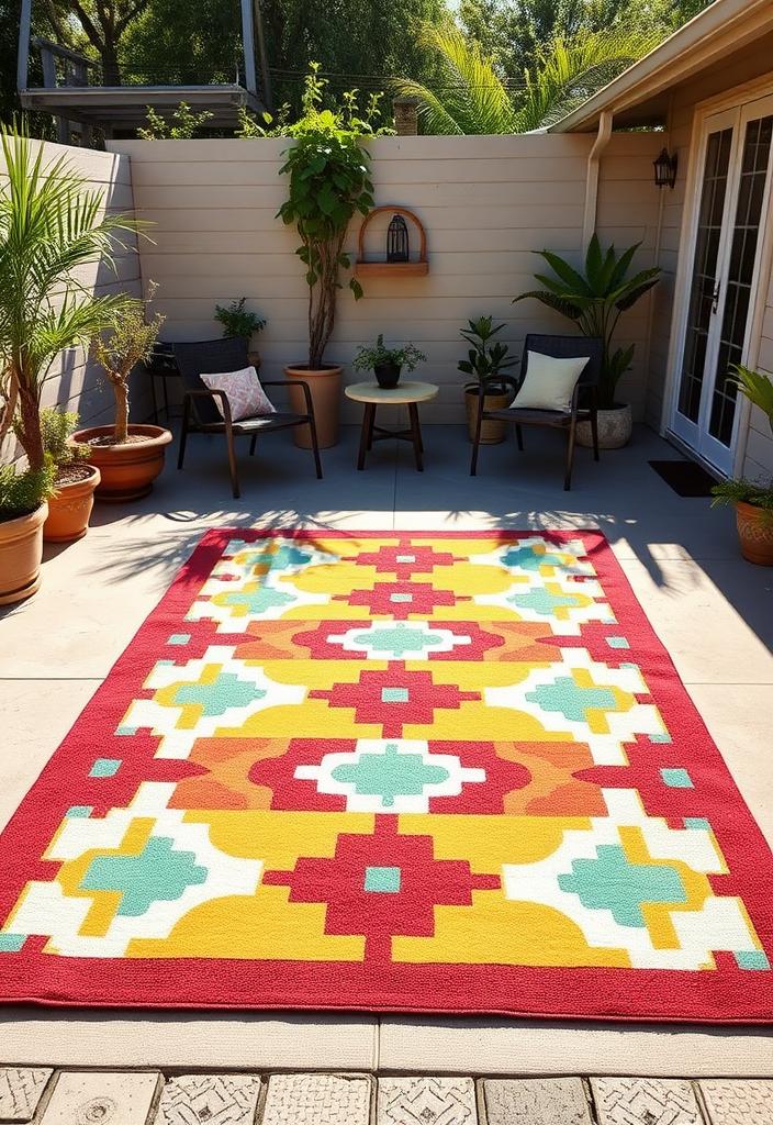 DIY Painted Outdoor Rug: Concrete Patio Decor DIY painted outdoor rug on concrete patio. Colorful and budget-friendly patio decor idea. Add style with a custom painted rug!