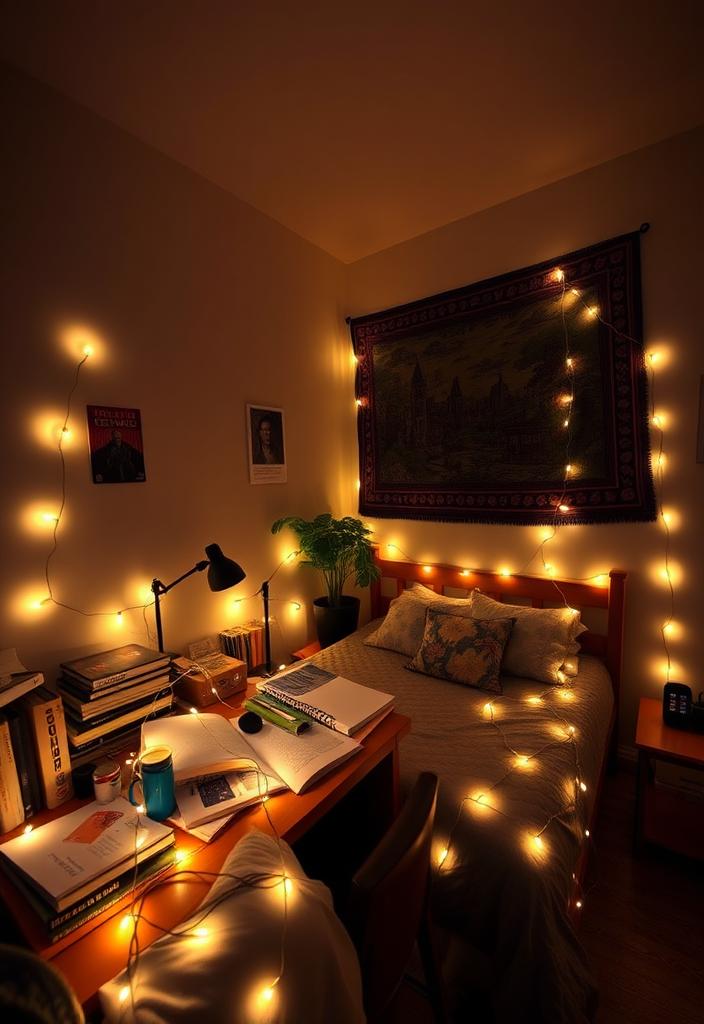 Dorm Room Decor: String Lights for Cozy Vibes Dorm living room decor idea: String lights creating a cozy atmosphere. Affordable and easy way to add warmth and personality to college living.