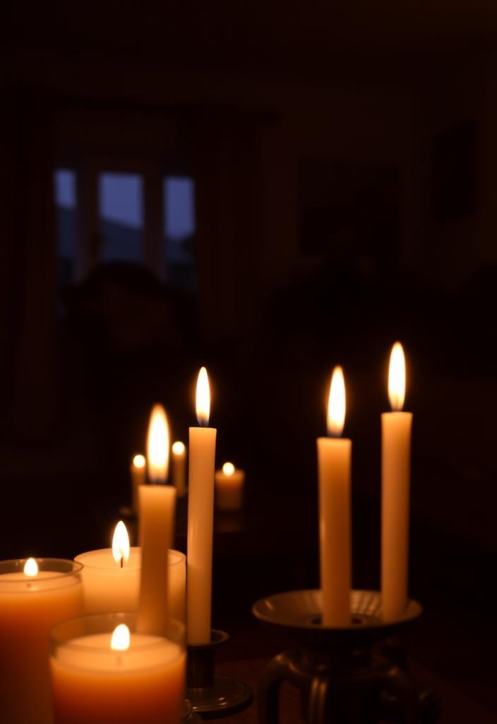 Living Room Ambiance: The Magic of Candles Candlelit living room ambiance. Cozy home decor with candles creating a warm, relaxing atmosphere. Perfect for a calming evening.
