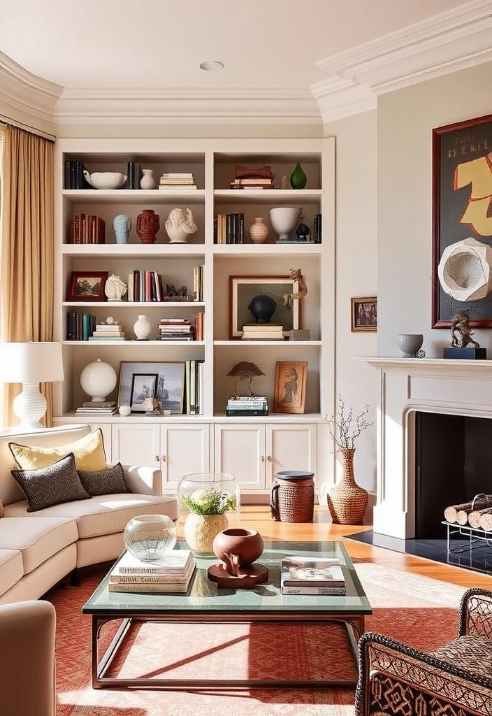 Living Room Decor: Adding Art Sculptures for Style Living room decor with art sculptures. Stylish interior design featuring sculptures for added elegance and visual interest.