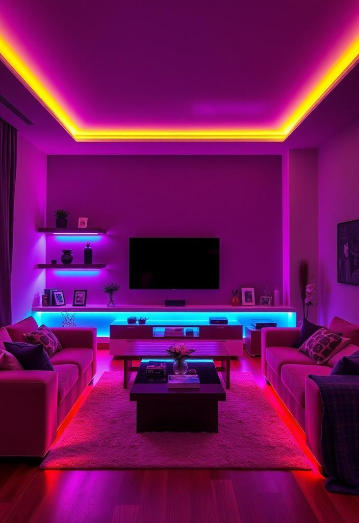 Living Room Lighting Ideas: Add Color with LEDs Living room lighting ideas: Colorful LED strip lights adding ambiance. Modern living room decor with vibrant, energy-efficient LED lighting.