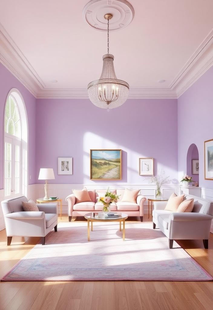 Pastel Living Room Ideas: Chandelier Style Pastel living room with chandelier. Light, airy interior design inspiration. Elegant, calming, and stylish decor ideas.