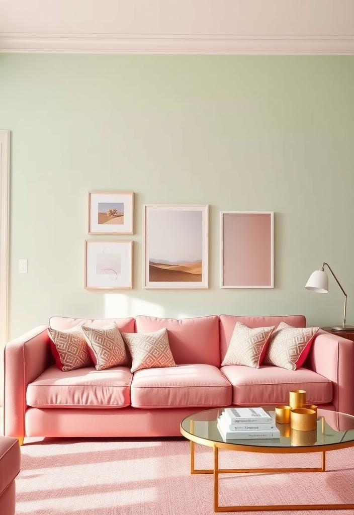 Pastel Living Room Ideas: Decorating with a Pink Couch Pastel living room idea: Pink couch in a bright, airy space. Soft color palette for relaxing home decor inspiration.
