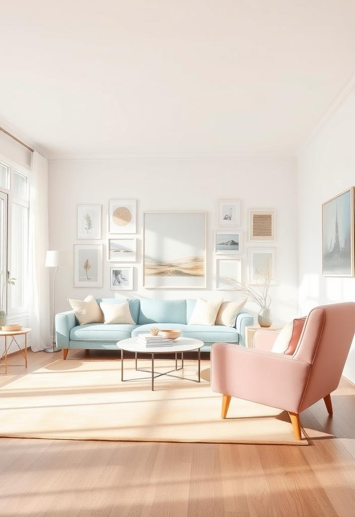 Pastel Living Room Ideas: Gallery Wall Decor Pastel living room gallery wall. Soft color decor ideas for a calming, modern home. Wall art inspiration.