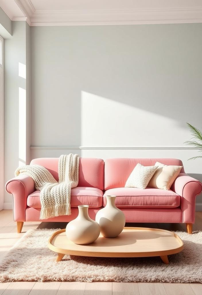 Pastel Living Room Ideas: Rocking a Pink Sofa Pastel living room idea: Pink sofa anchors a light, airy space. Soft hues create a calming, stylish aesthetic. #pastelliving #pinksofa