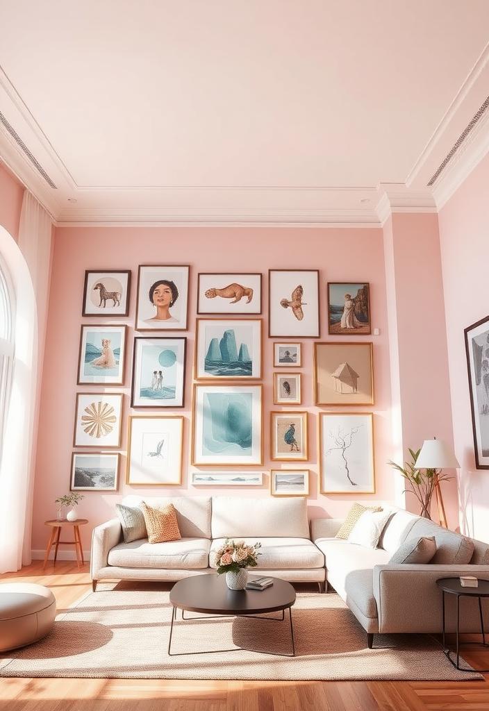 Pastel Living Room Ideas: Showcase Art with Gallery Walls Pastel living room gallery wall ideas. Showcase art in soft, calming colors. Interior design inspiration.