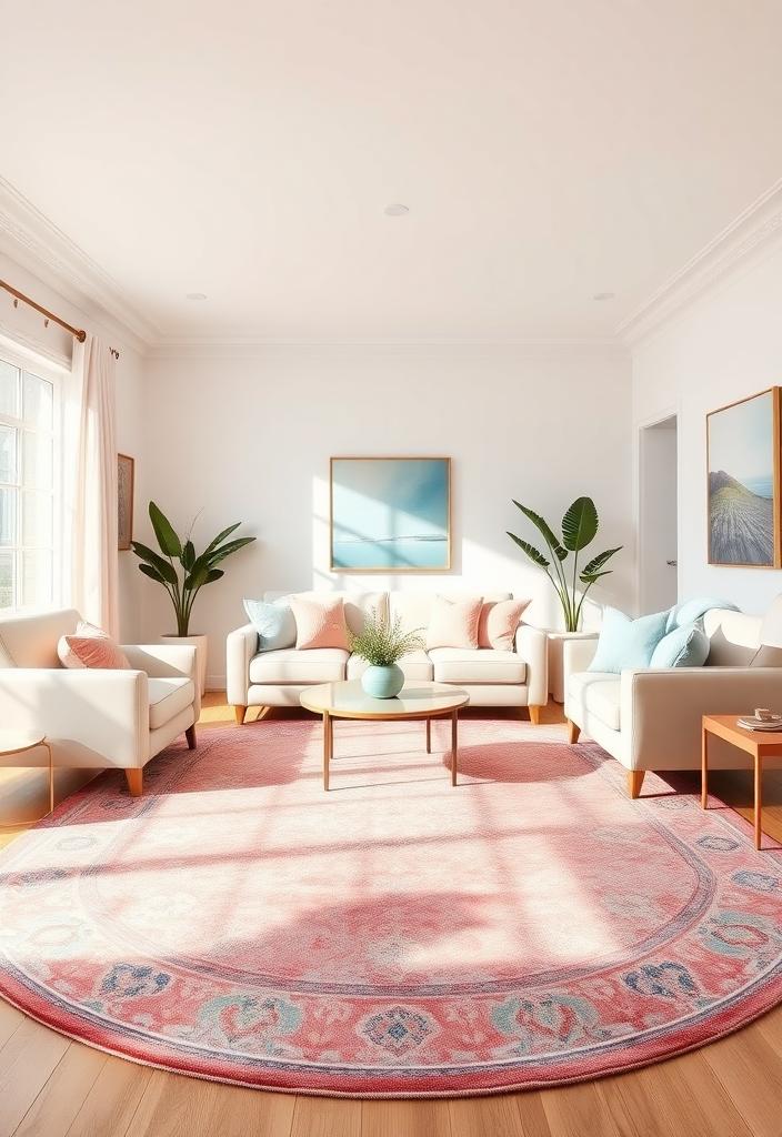Round Rugs: Pastel Living Room Decor Ideas Pastel living room decor with round rug. Soft hues, cozy rug, & modern design inspiration. Round rugs for a calming aesthetic.
