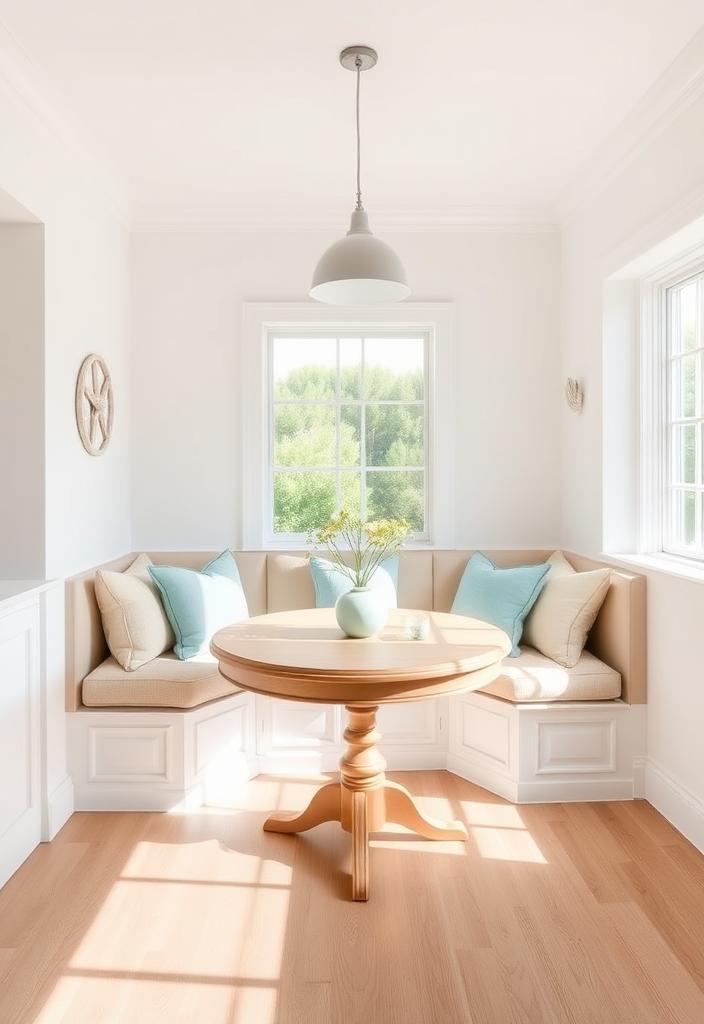 Small Kitchen Coastal Decor Ideas: Dining Nook Coastal dining nook in small kitchen. Beachy decor ideas: blue accents, natural textures, bright, airy space. Small kitchen coastal design inspiration