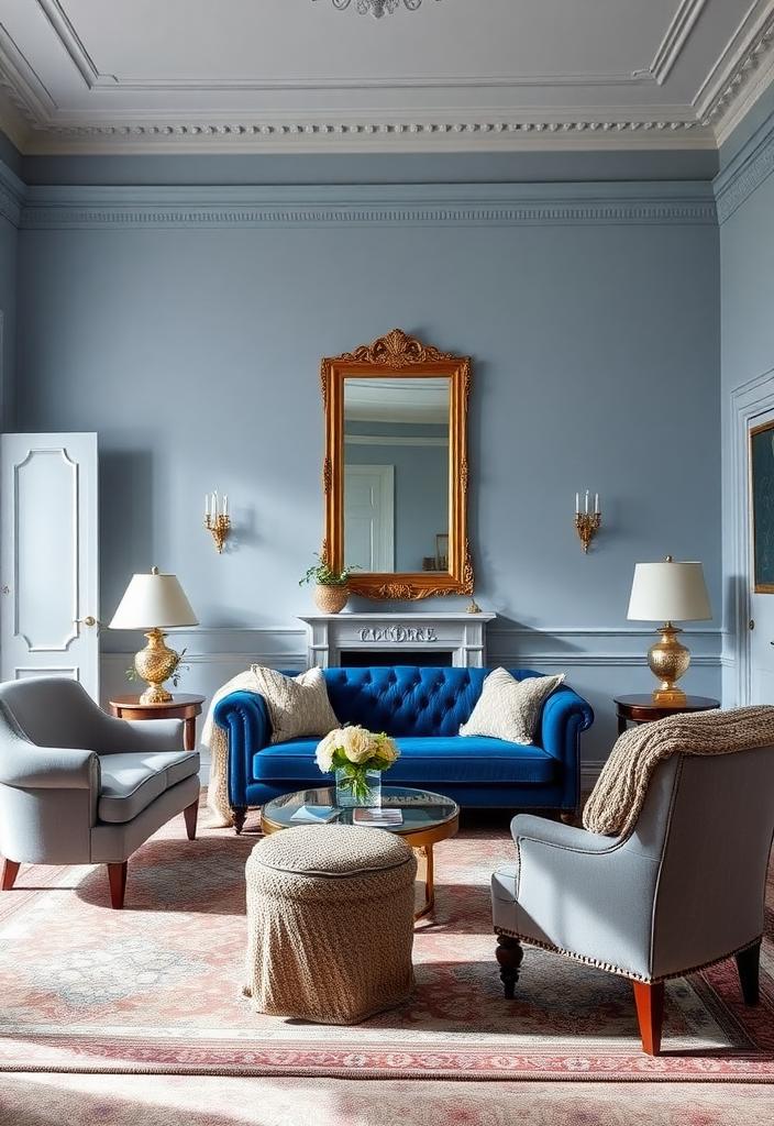 Victorian Living Room Ideas: Blue and Gray Decor Blue and gray Victorian living room. Elegant decor ideas, featuring vintage furniture and classic design elements.