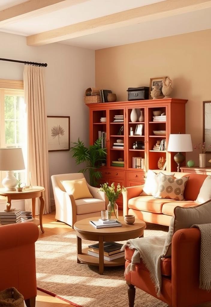 Warm Furniture Colors: Cozy Home Decor Tips Warm furniture colors for cozy home decor. Image shows inviting living room with brown sofa, beige rug, and wood accents.